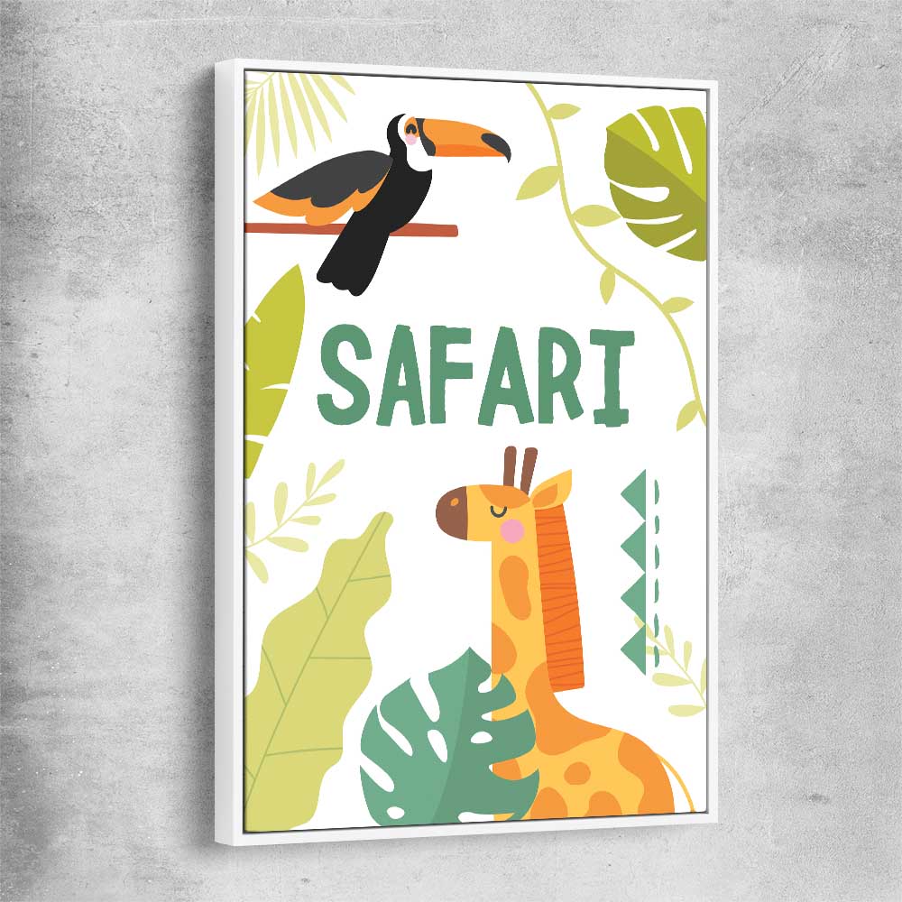 Safari Roaming white framed canvas is a nursery canvas wall art and print suited for childrens nursery area