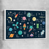 Space Alphabet white framed canvas is a nursery canvas wall art and print suited for childrens nursery area