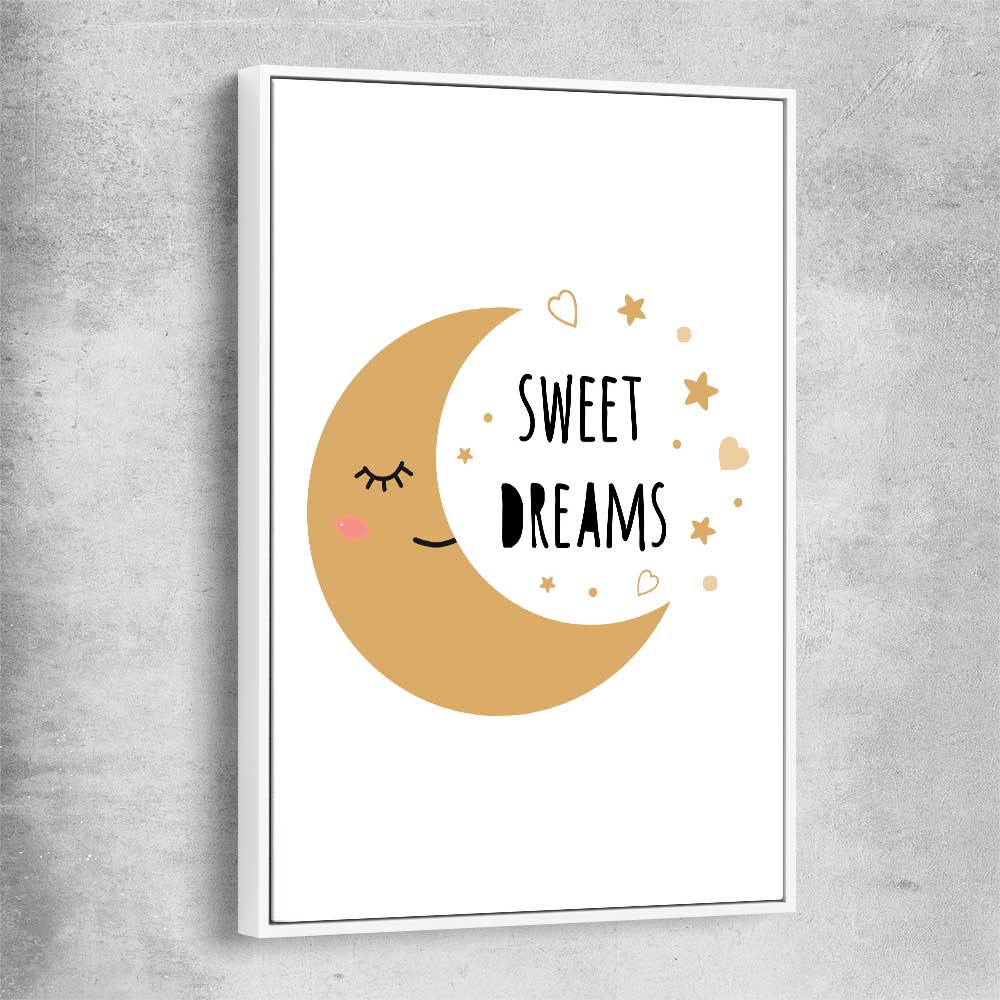 Sweet Dreams white framed canvas is a nursery canvas wall art and print suited for childrens nursery area