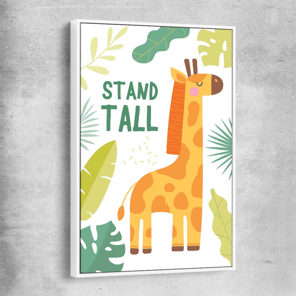Tall Giraffe white framed canvas is a nursery canvas wall art and print suited for childrens nursery area