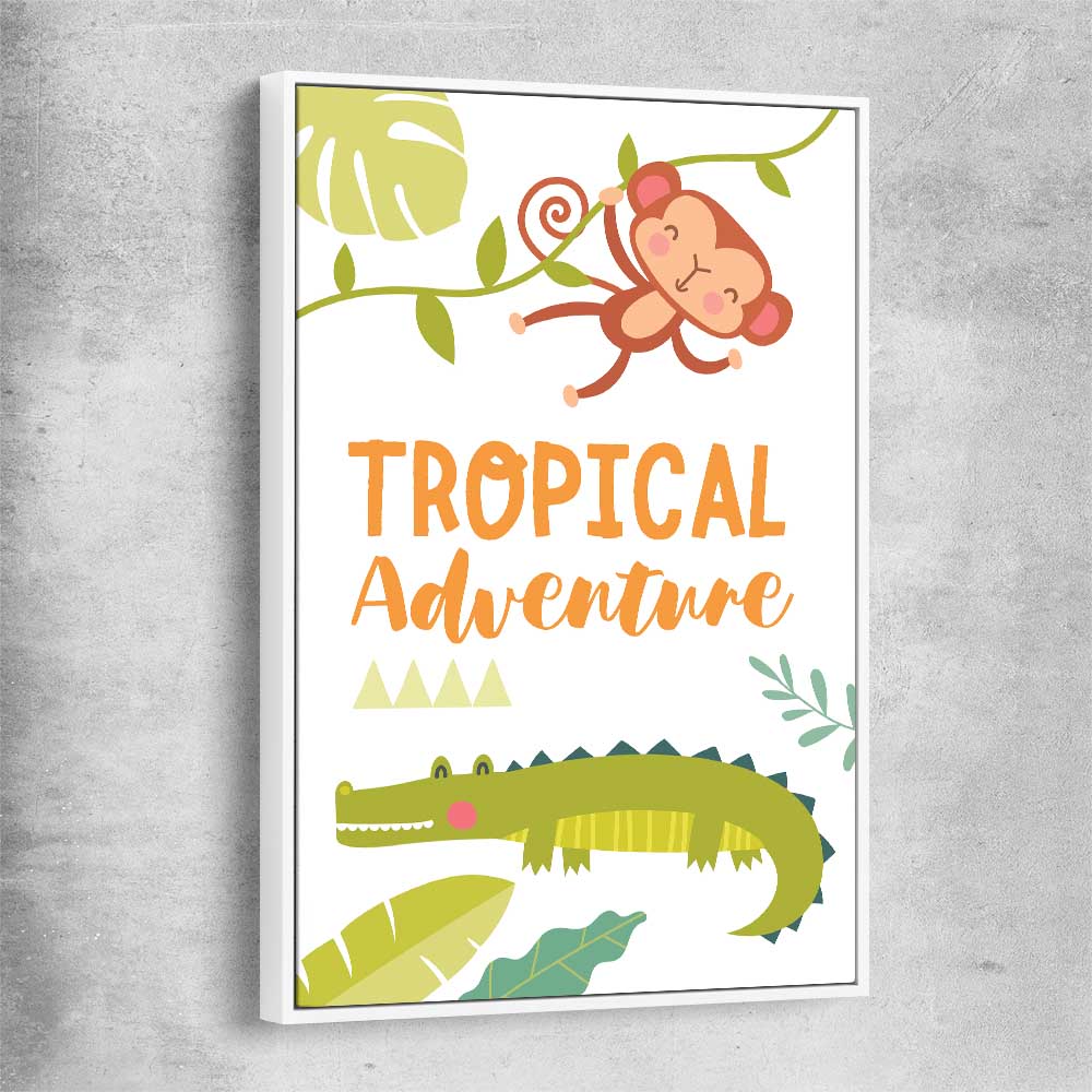 Tropical Adventure white framed canvas is a nursery canvas wall art and print suited for childrens nursery area