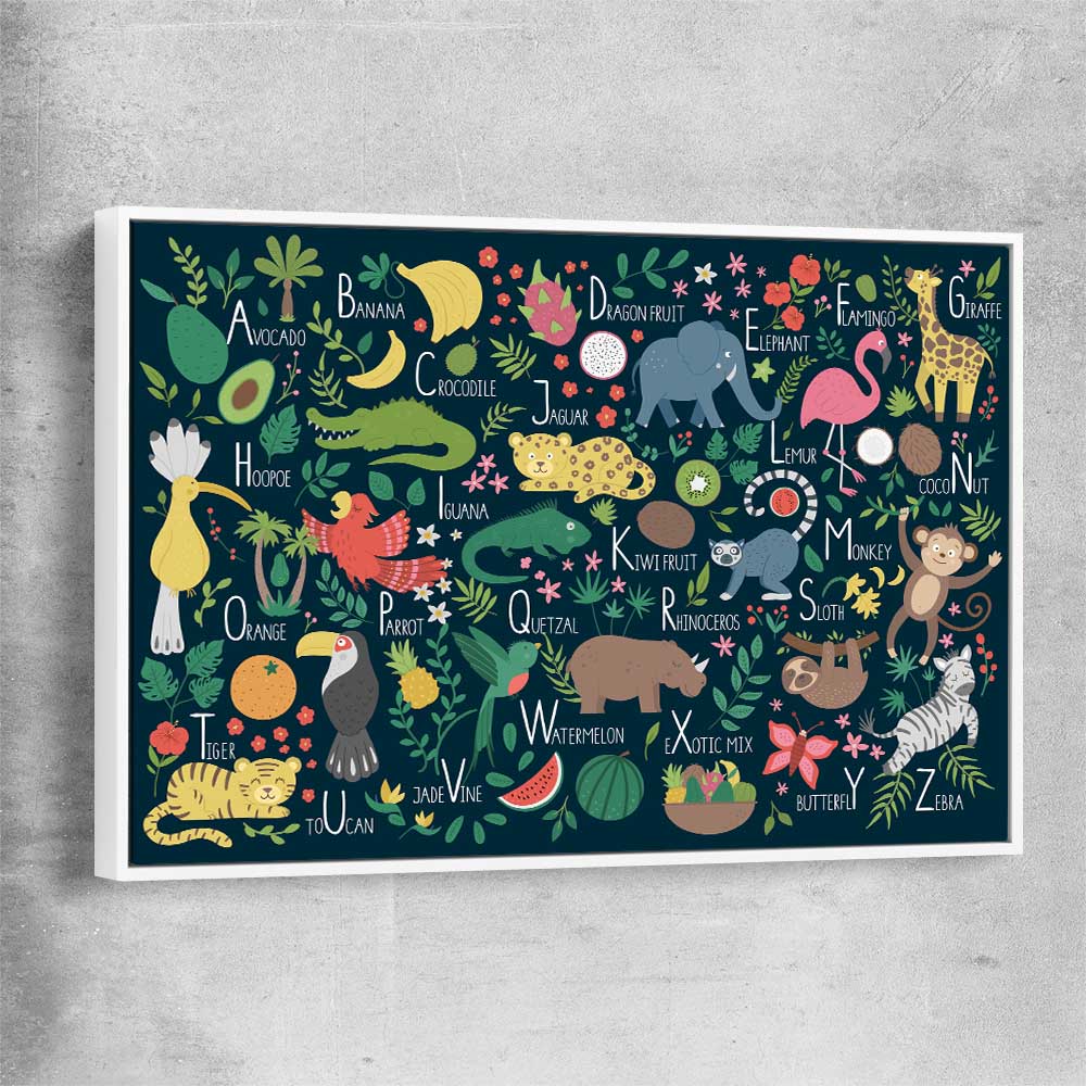 Tropical Alphabet white framed canvas is a nursery canvas wall art and print suited for childrens nursery area