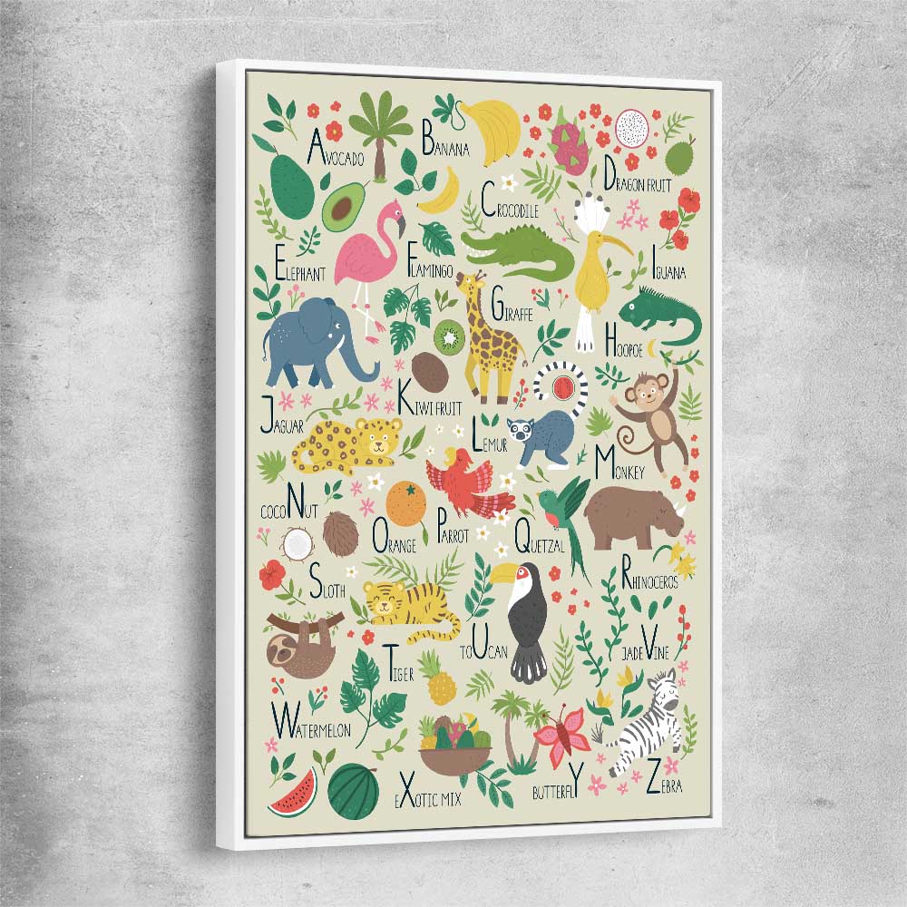 Tropical Alphabet Light white framed canvas is a nursery canvas wall art and print suited for childrens nursery area