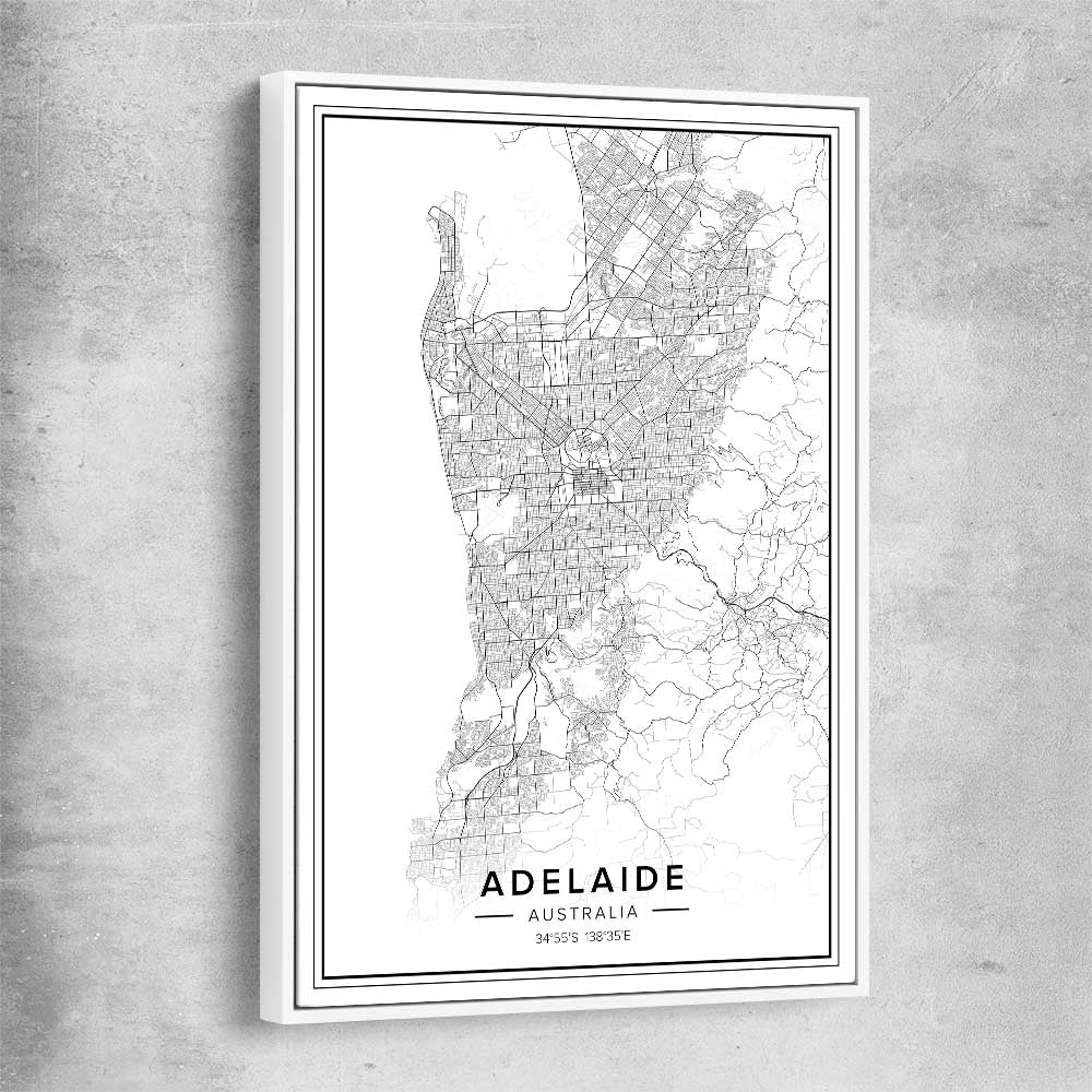 Adelaide City white framed canvas is a high quality print in our city skyline, travel prints and maps collection