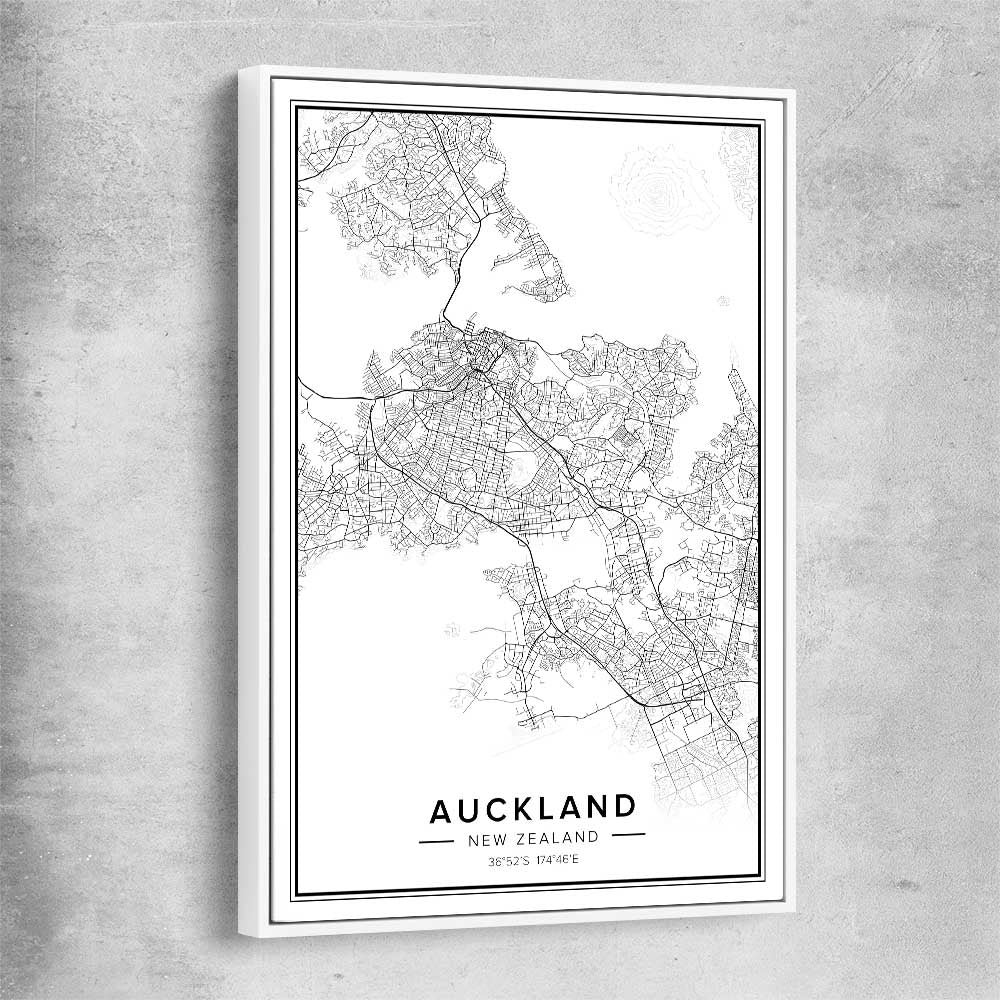 Auckland City white framed canvas is a high quality print in our city skyline, travel prints and maps collection