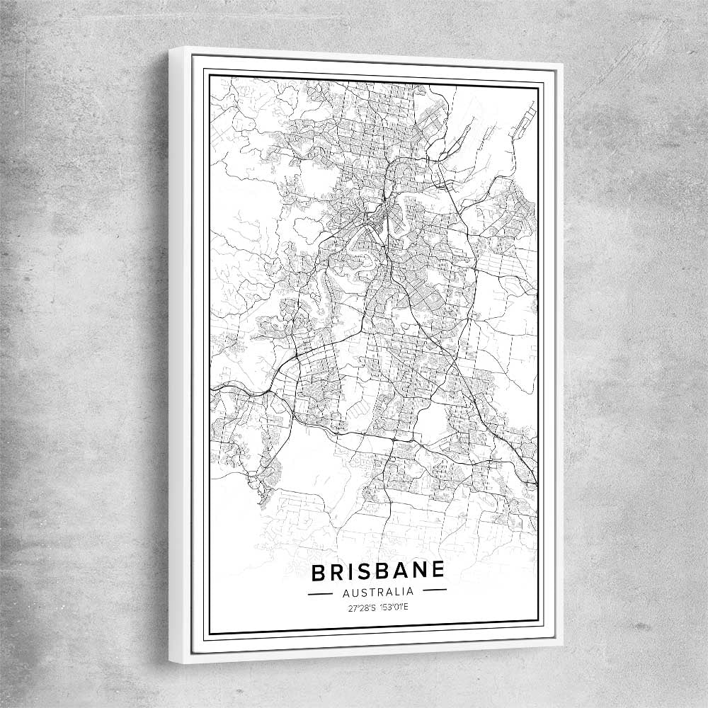 Brisbane City white framed canvas is a high quality print in our city skyline, travel prints and maps collection