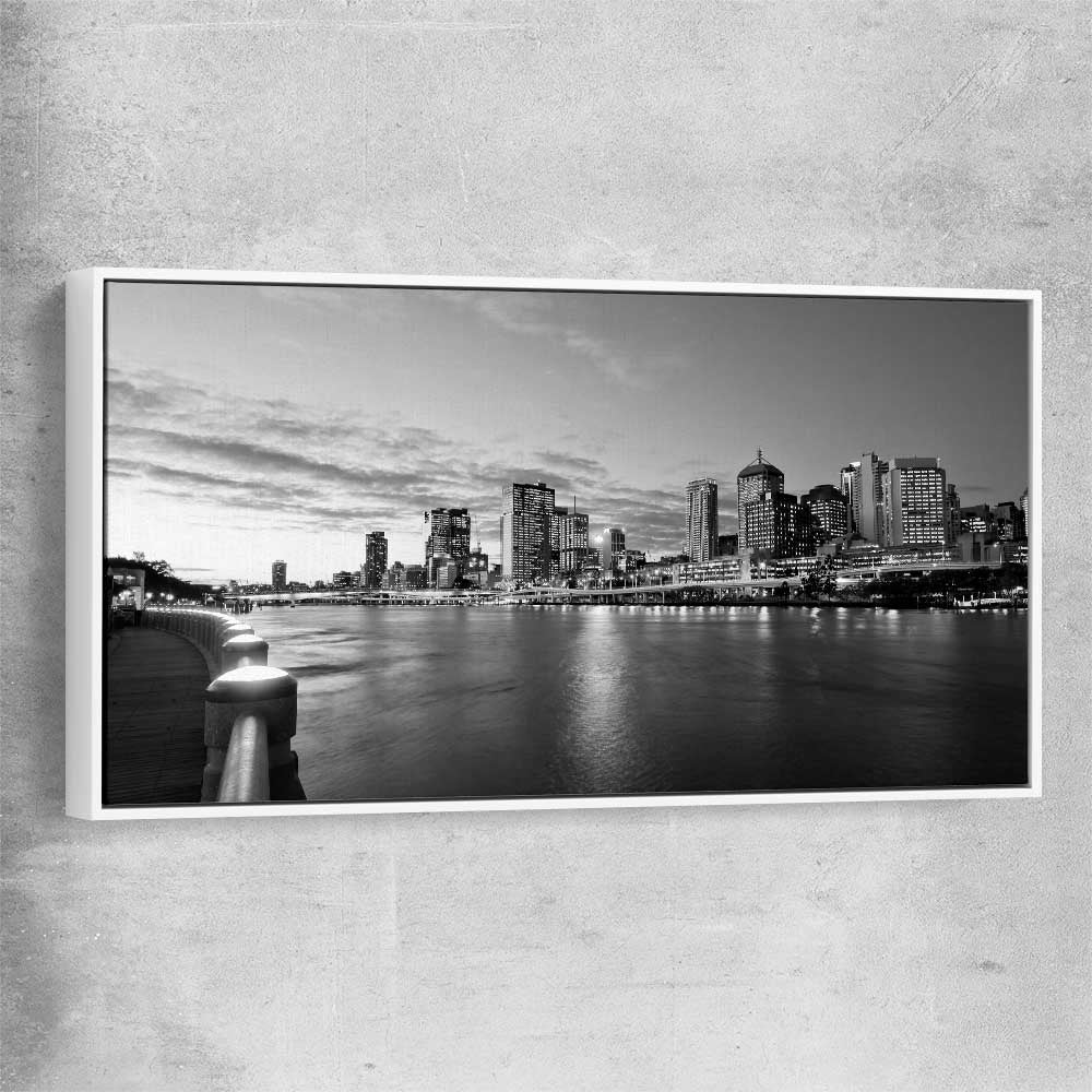 Brisbane Skyline white framed canvas is a high quality print in our city skyline, travel prints and maps collection