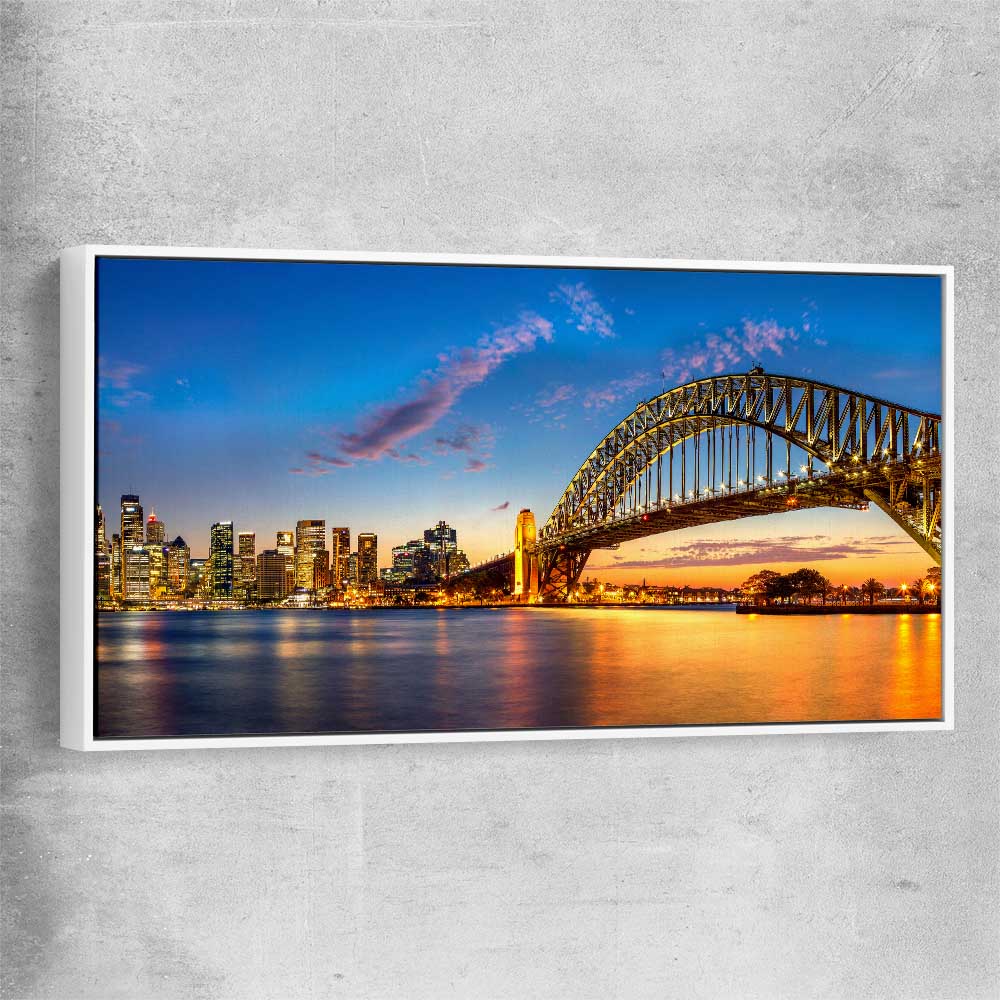 Darling Harbour white framed canvas is a high quality print in our city skyline, travel prints and maps collection