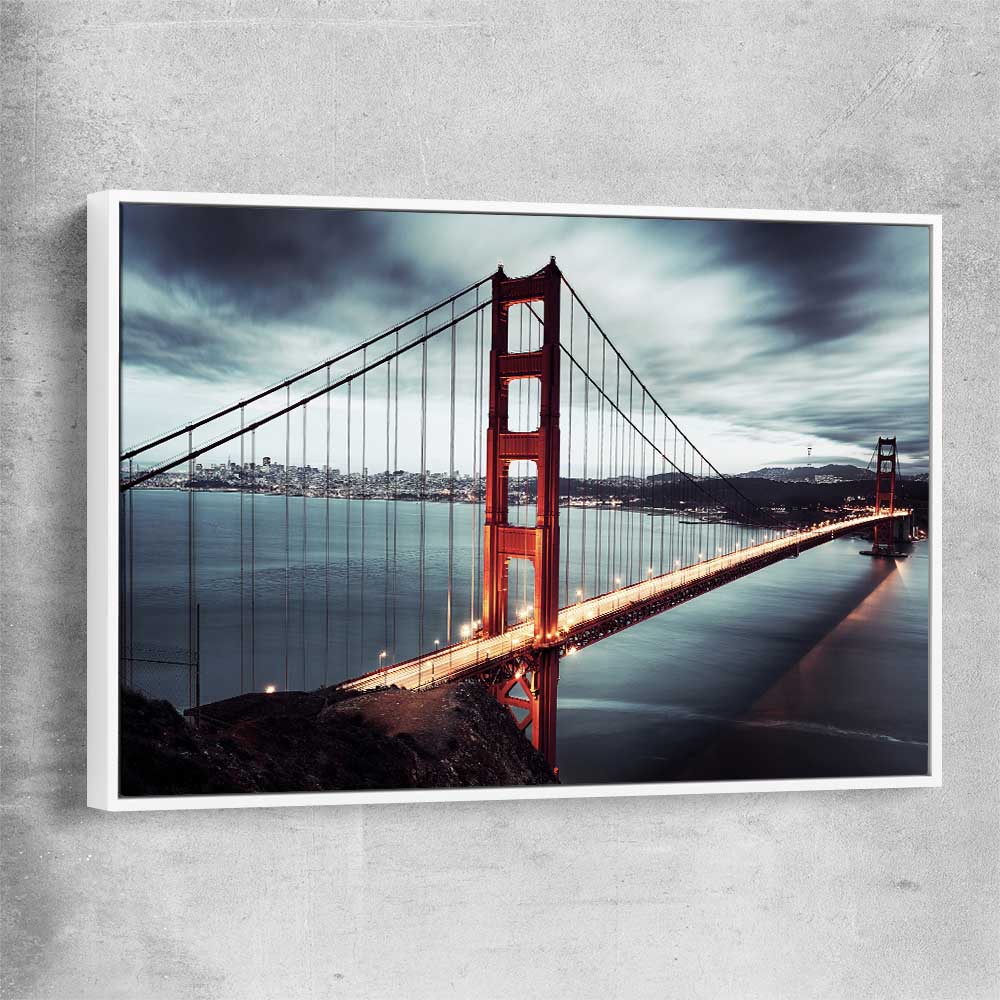 Golden Gate white framed canvas is a high quality print in our city skyline, travel prints and maps collection