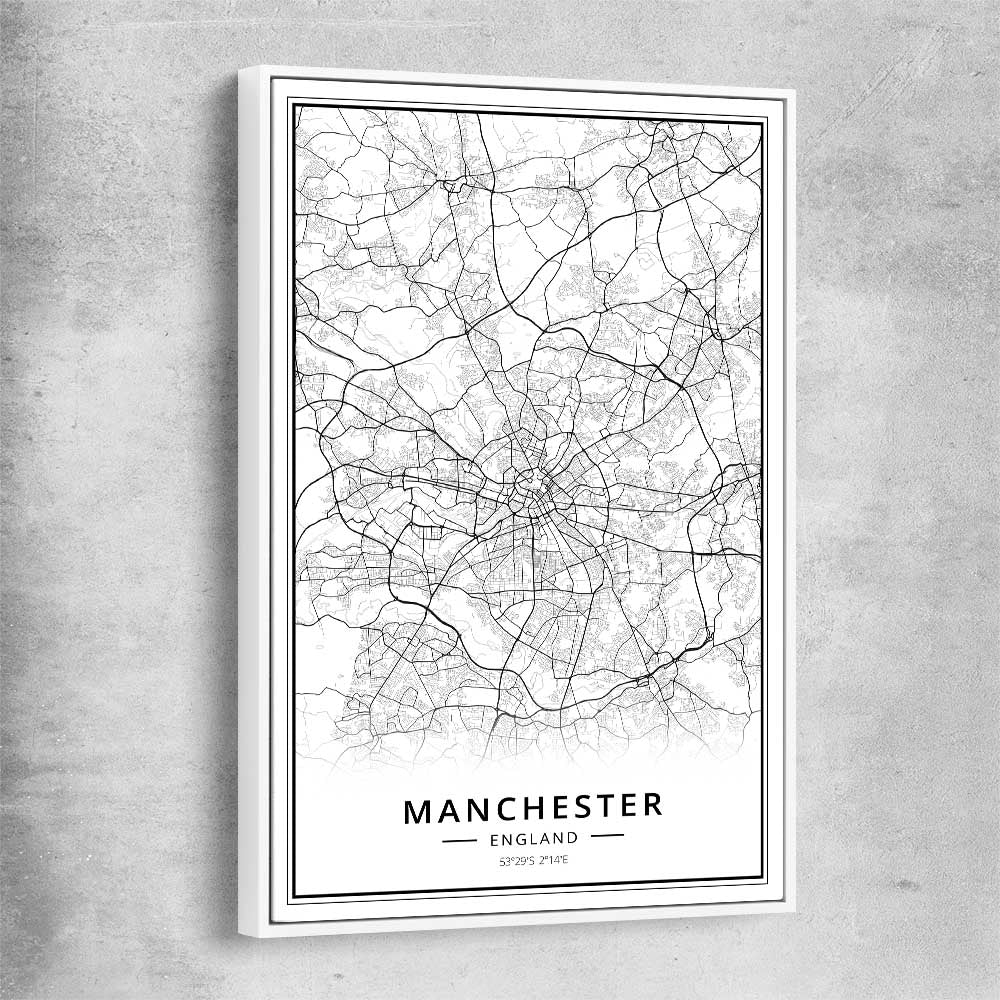 Greater Manchester white framed canvas is a high quality print in our city skyline, travel prints and maps collection