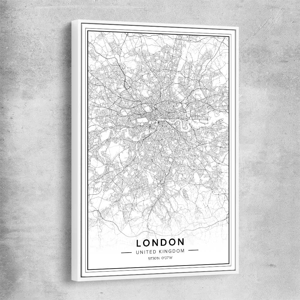 London City white framed canvas is a high quality print in our city skyline, travel prints and maps collection