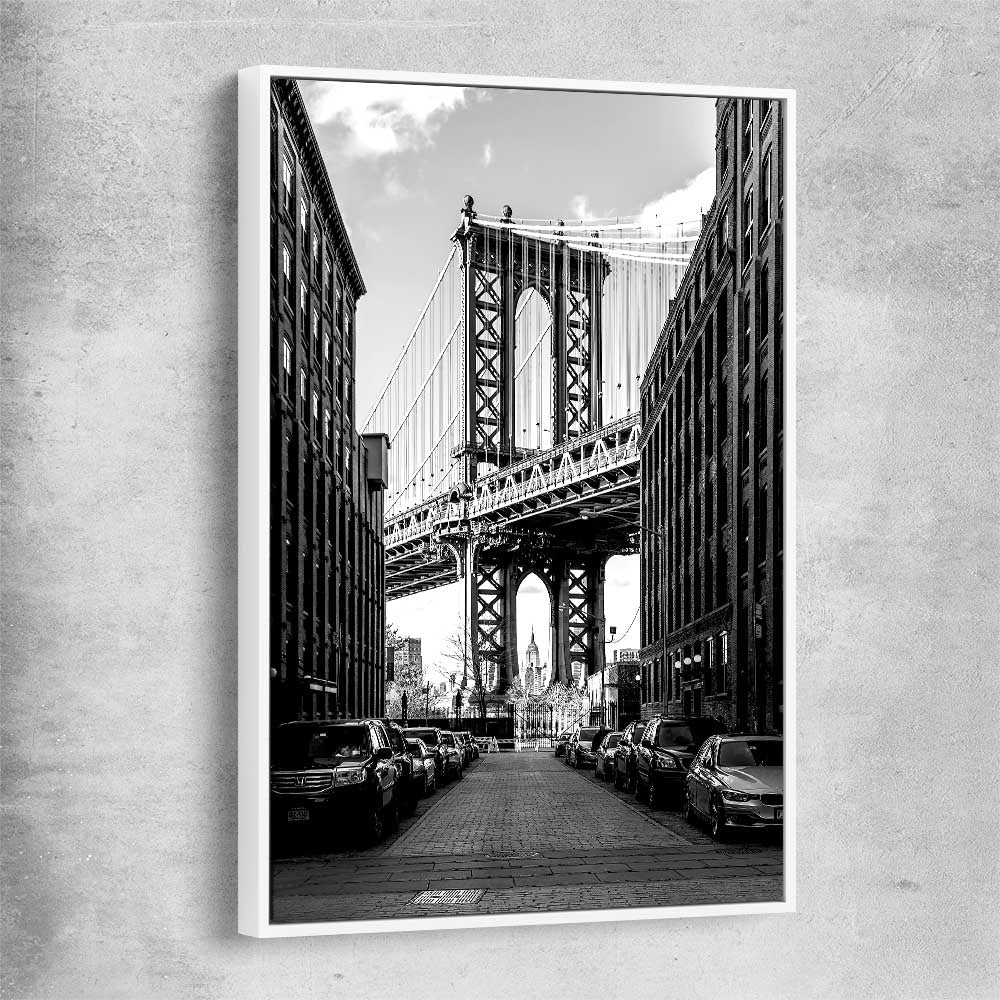 Manhattan Bridge white framed canvas is a high quality print in our city skyline, travel prints and maps collection