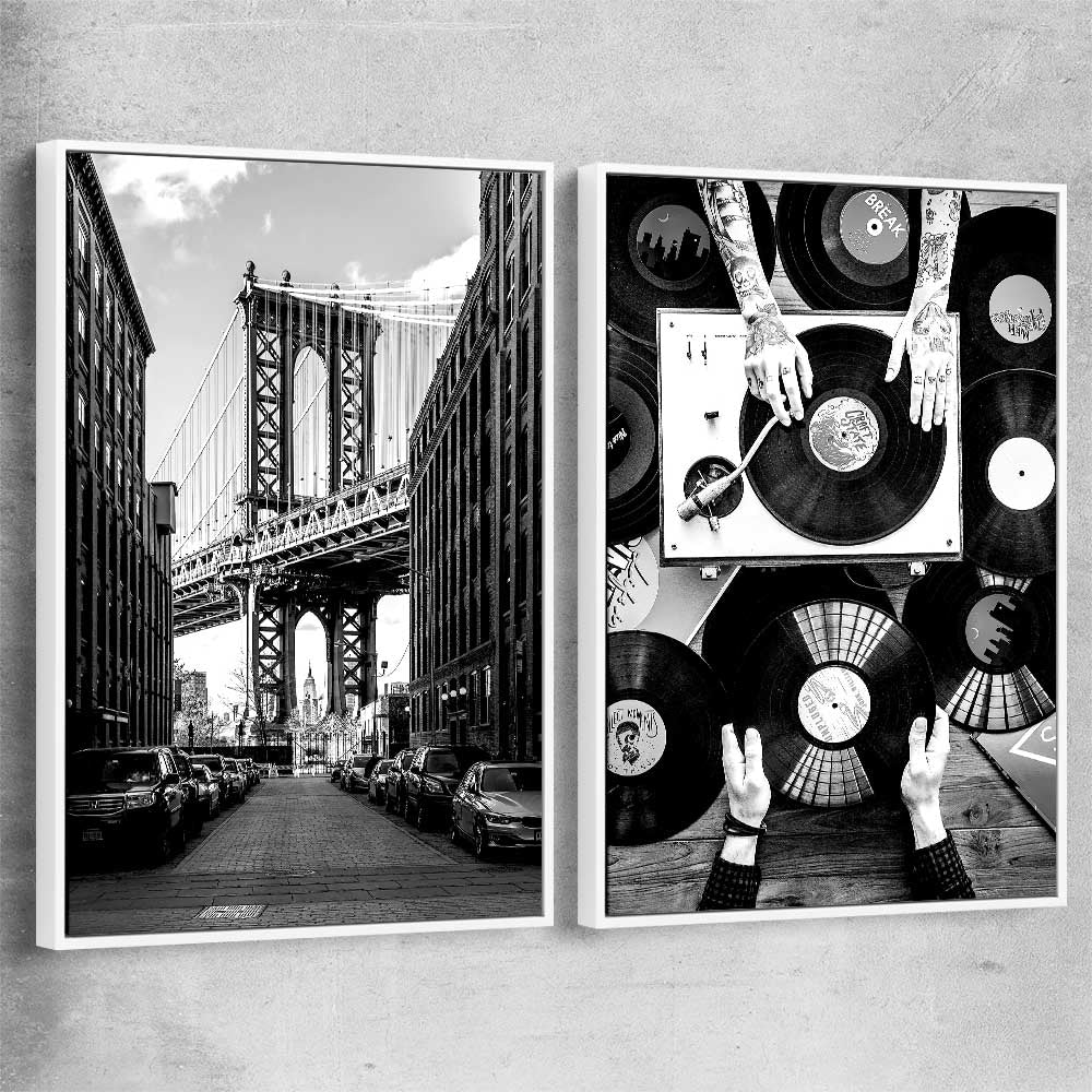 Manhattan Bridge Pair white framed canvas is a high quality print in our city skyline, travel prints and maps collection