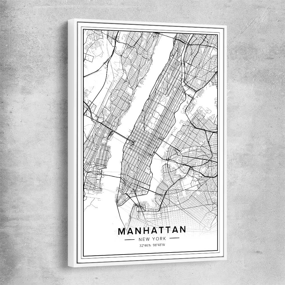 Manhattan City white framed canvas is a high quality print in our city skyline, travel prints and maps collection