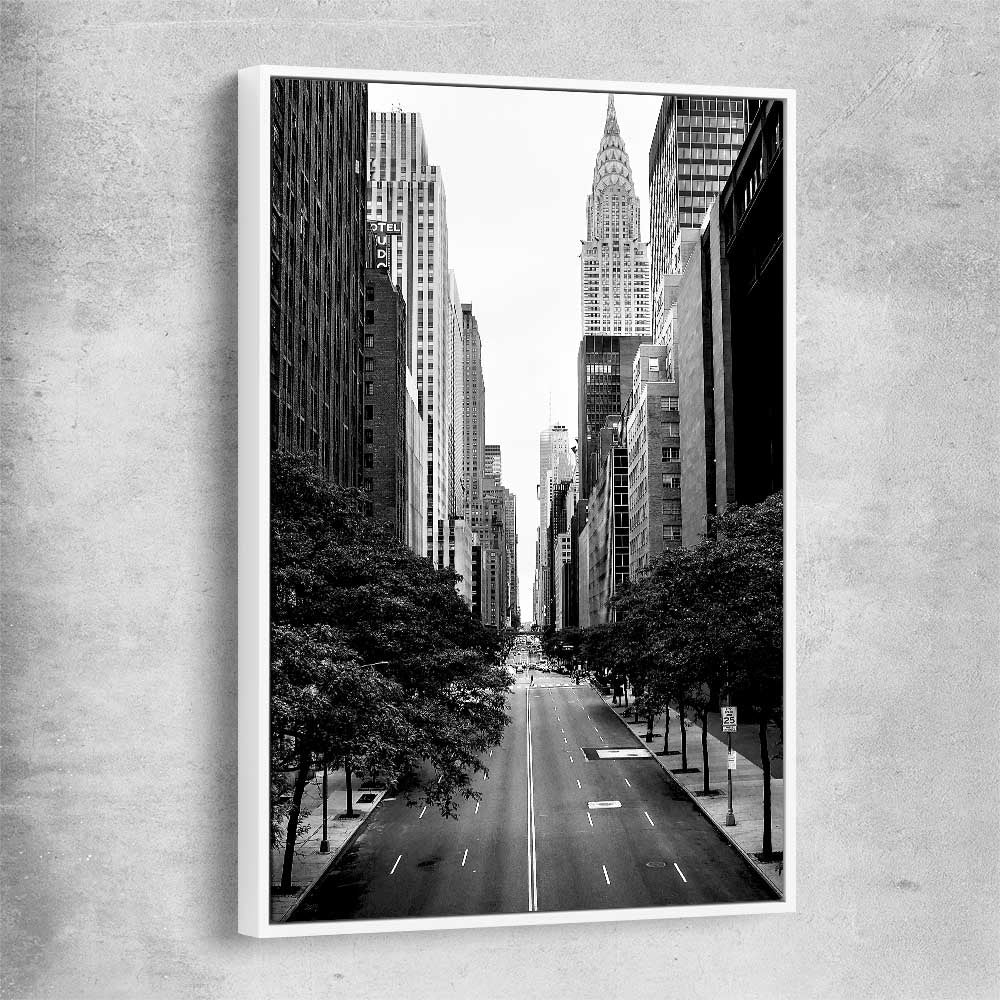 Manhattan Street white framed canvas is a high quality print in our city skyline, travel prints and maps collection