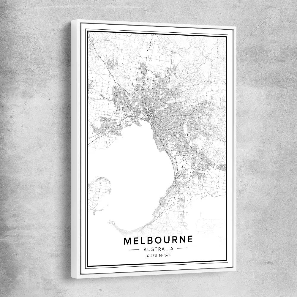Melbourne City white framed canvas is a high quality print in our city skyline, travel prints and maps collection