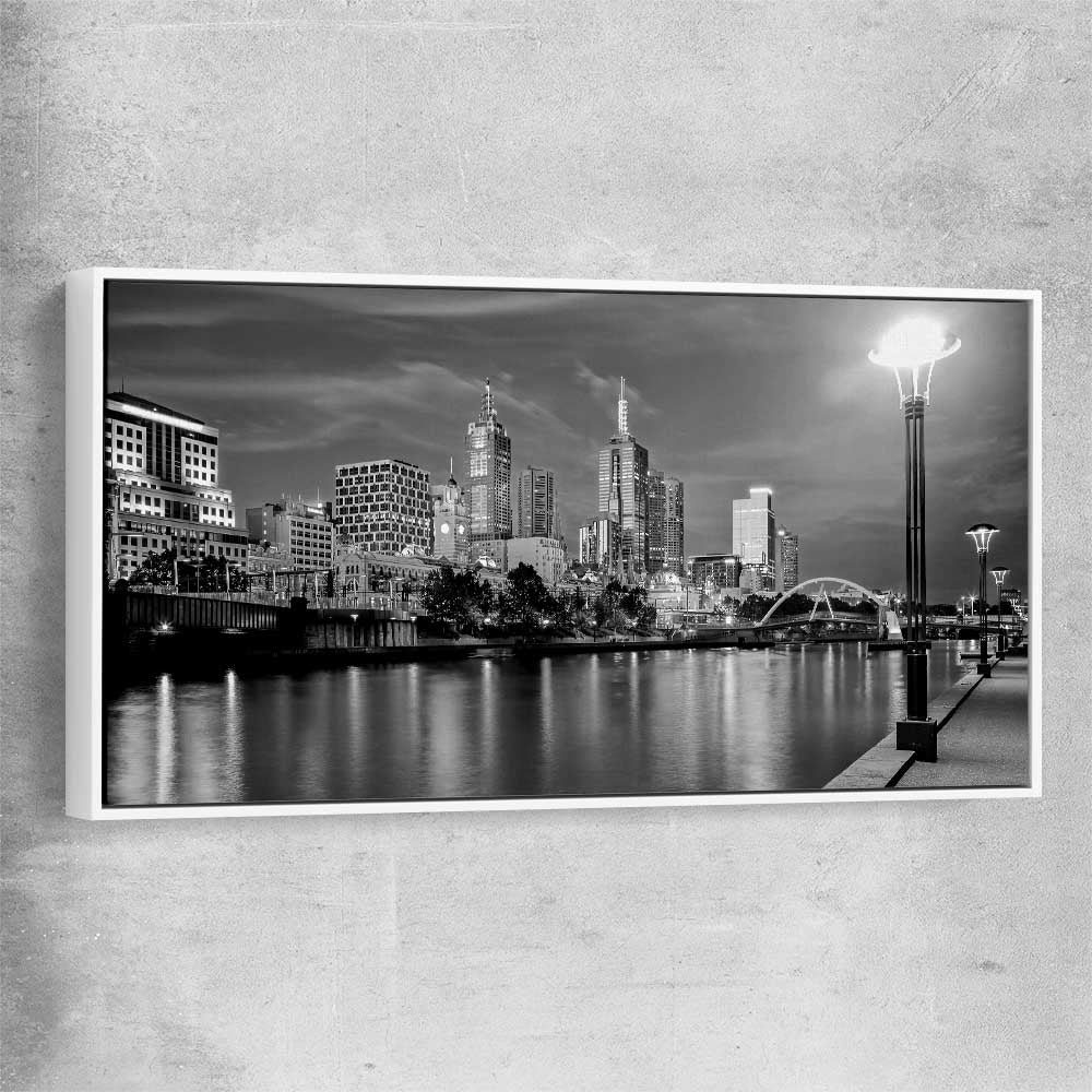 Melbourne Skyline white framed canvas is a high quality print in our city skyline, travel prints and maps collection