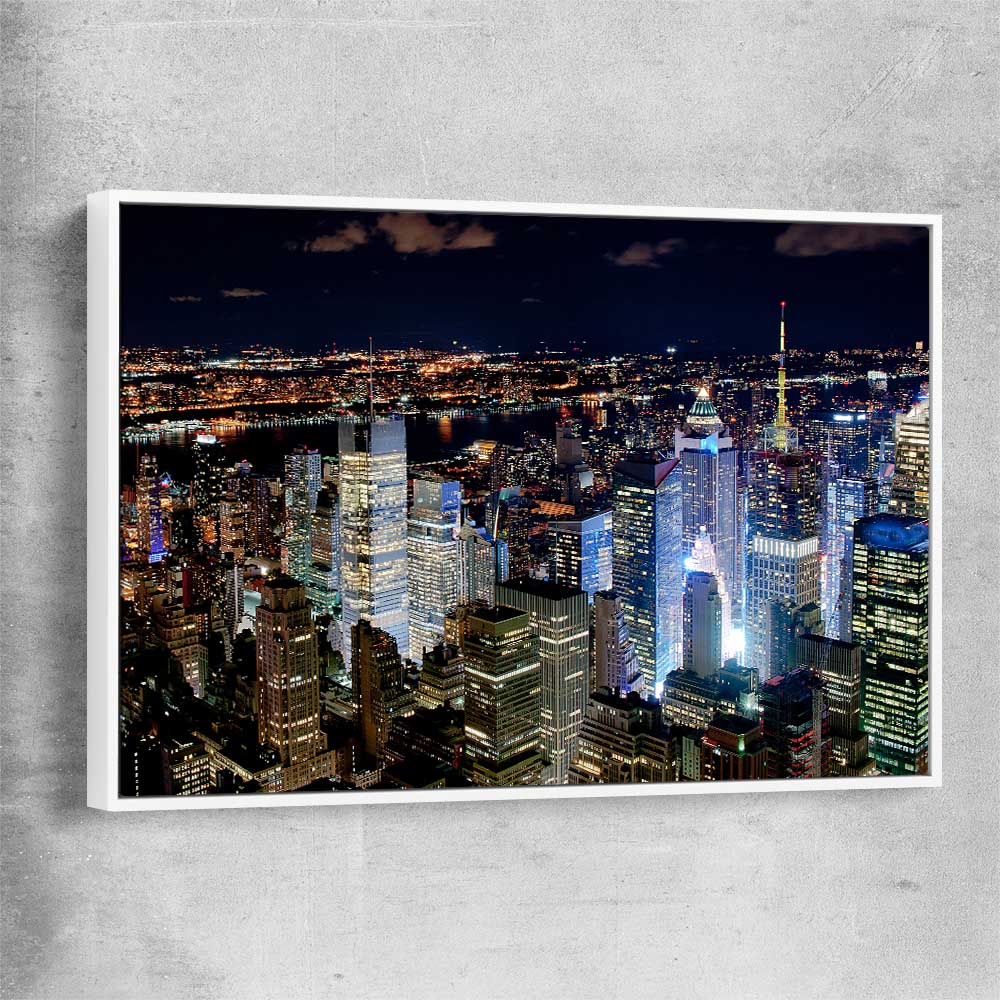New York Glow white framed canvas is a high quality print in our city skyline, travel prints and maps collection