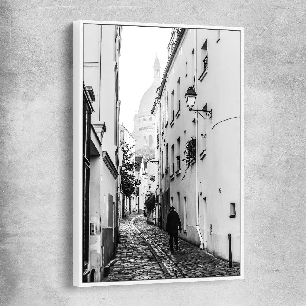 Paris Alley white framed canvas is a high quality print in our city skyline, travel prints and maps collection
