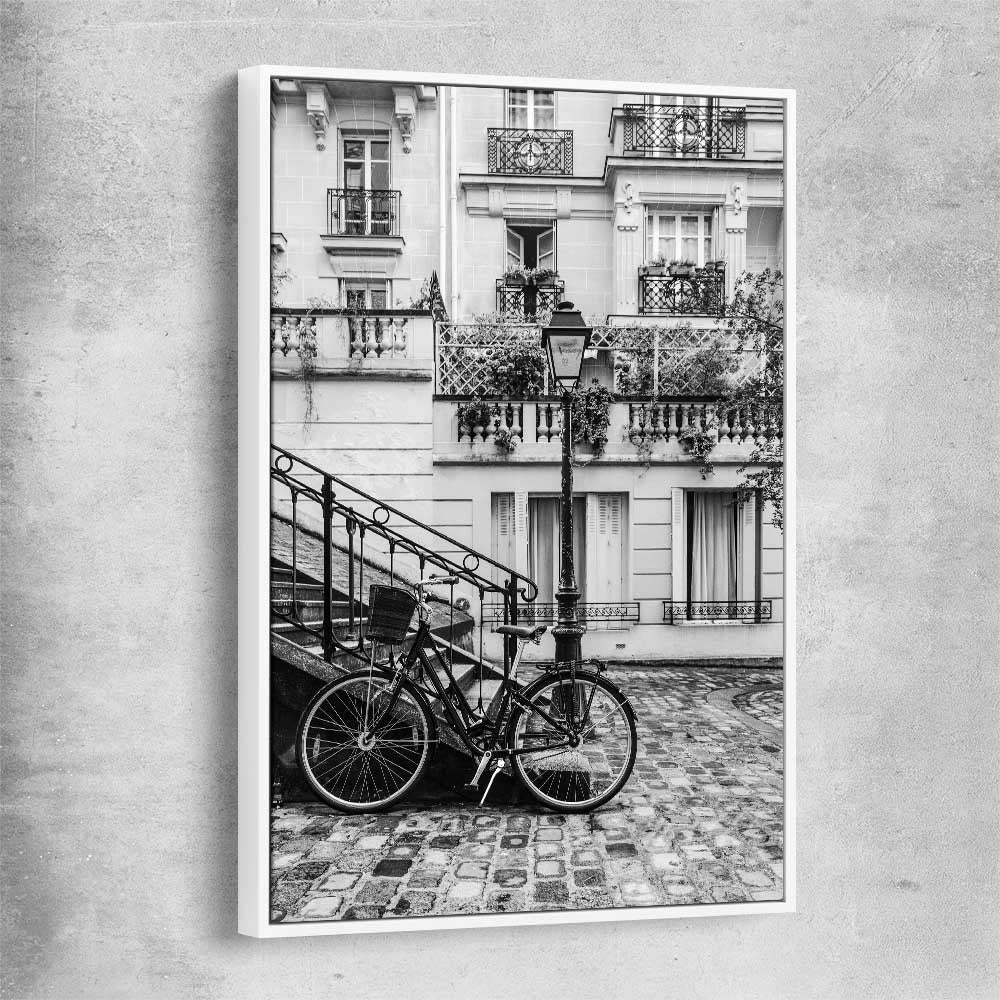 Paris Bicycle white framed canvas is a high quality print in our city skyline, travel prints and maps collection