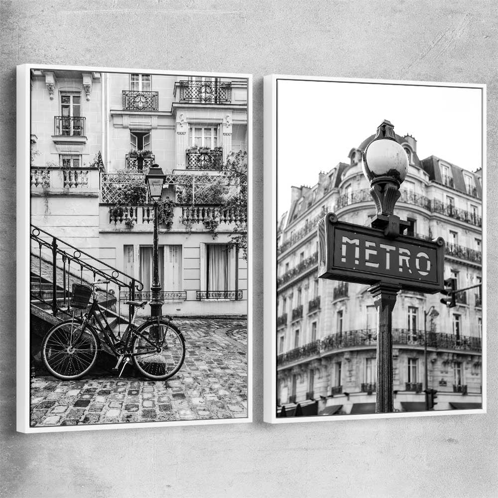 Paris Bicycle Pair white framed canvas is a high quality print in our city skyline, travel prints and maps collection