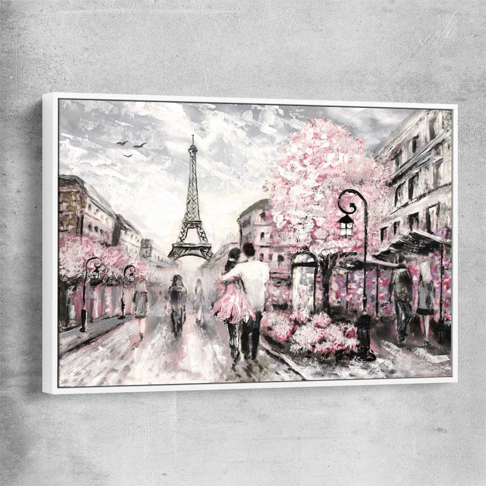 Paris Dreaming white framed canvas is a high quality print in our city skyline, travel prints and maps collection