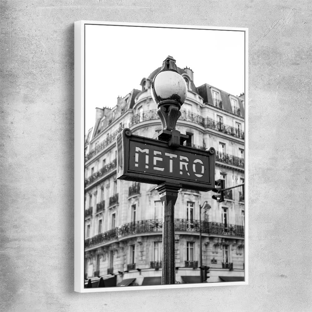 Paris Metro white framed canvas is a high quality print in our city skyline, travel prints and maps collection