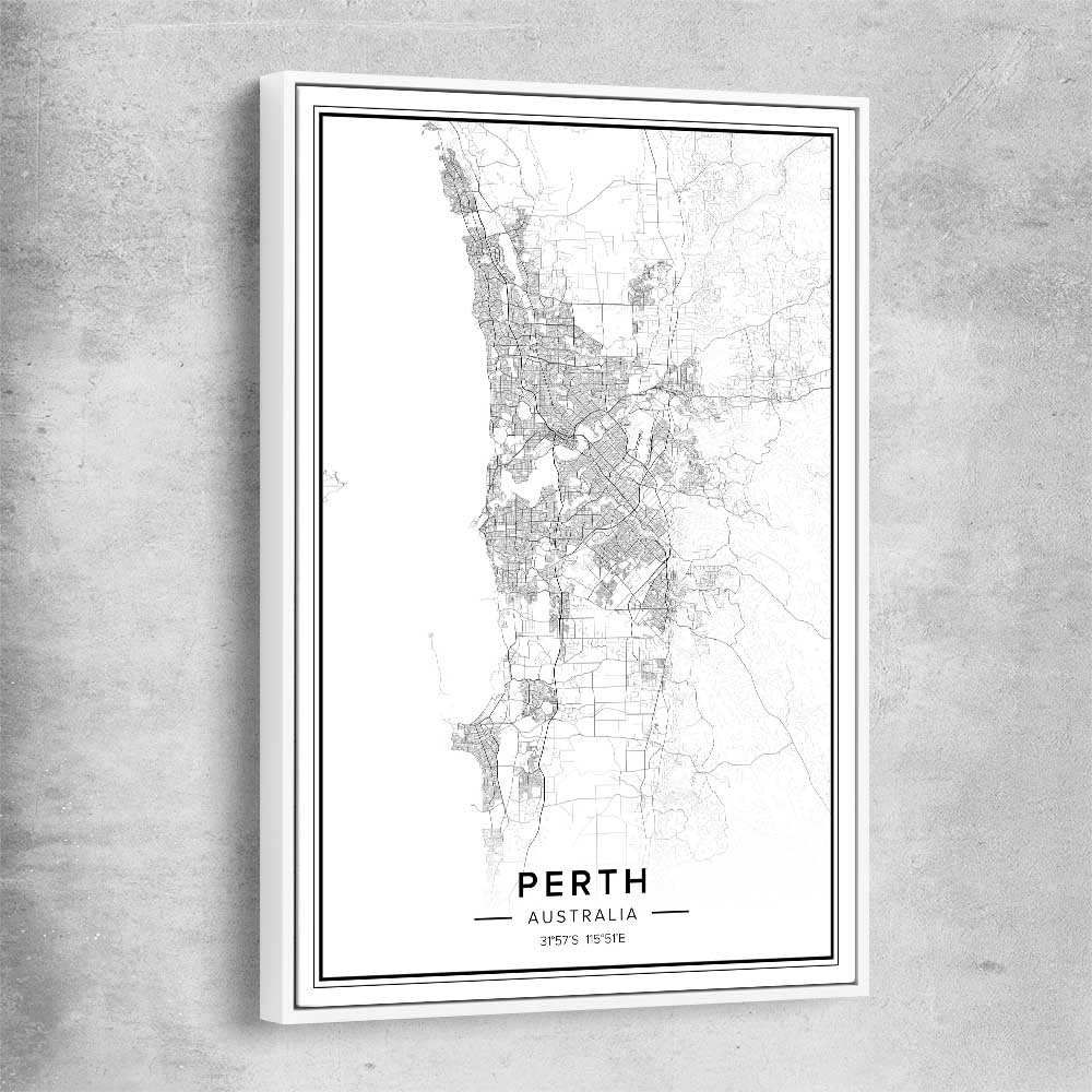 Perth City white framed canvas is a high quality print in our city skyline, travel prints and maps collection