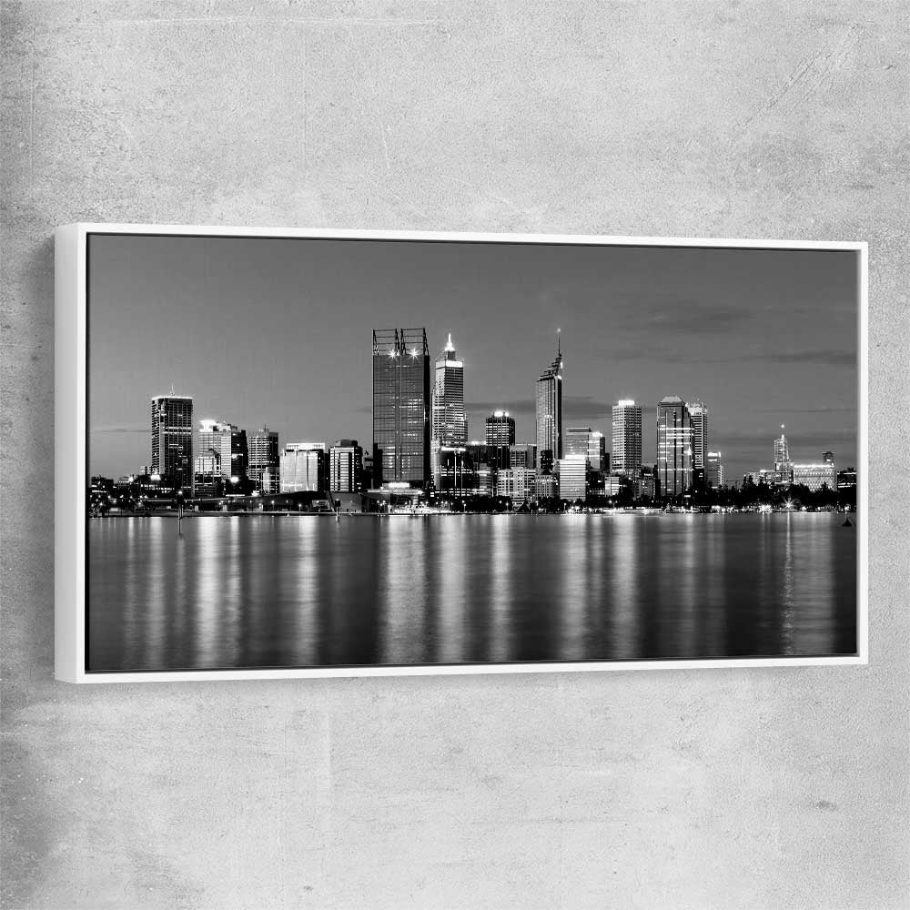 Perth Skyline white framed canvas is a high quality print in our city skyline, travel prints and maps collection