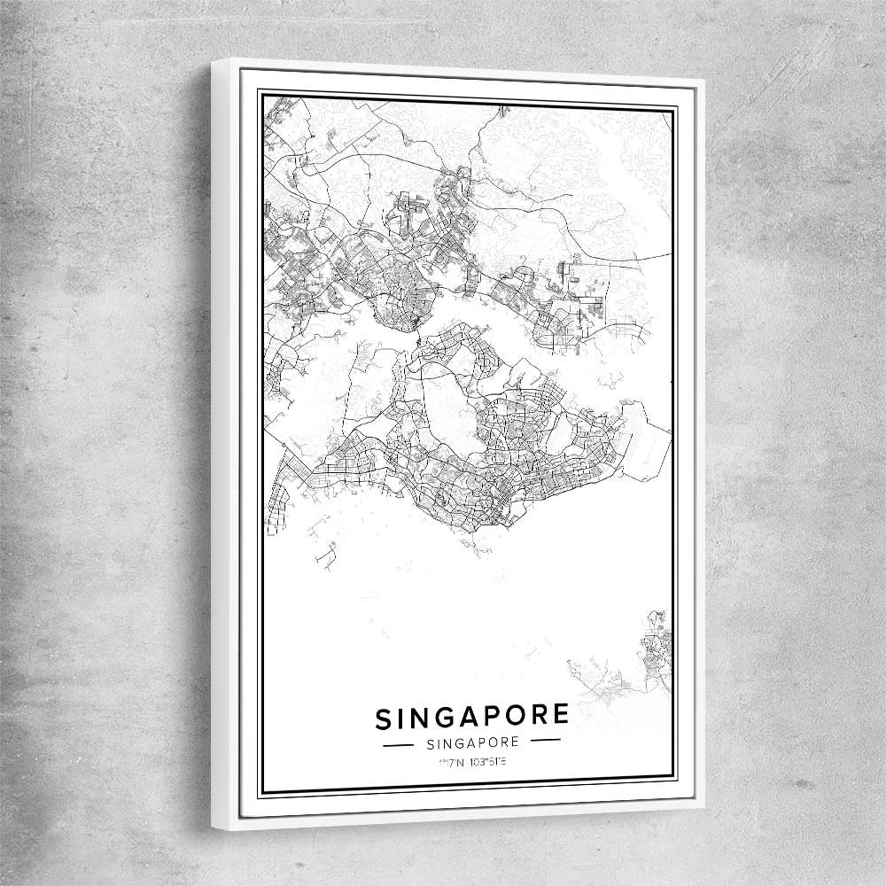 Singapore City white framed canvas is a high quality print in our city skyline, travel prints and maps collection