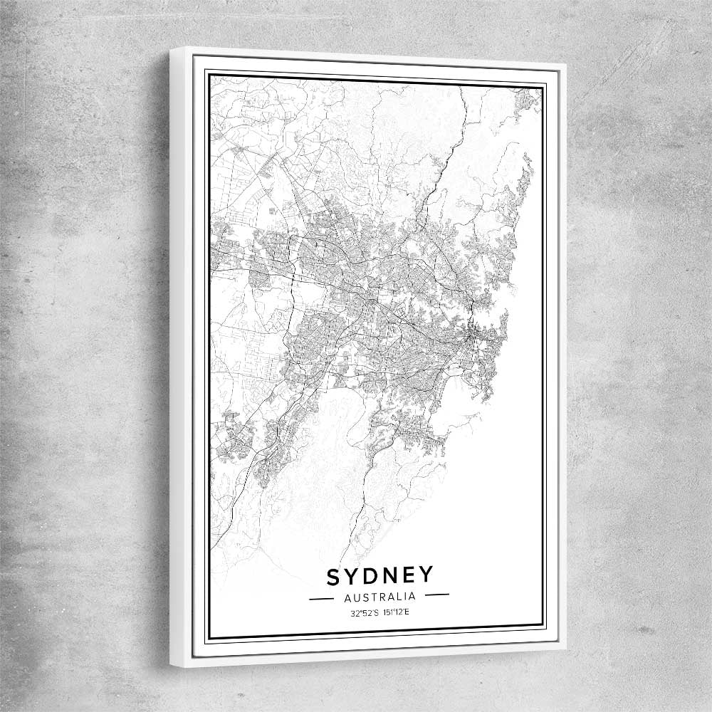 Sydney City white framed canvas is a high quality print in our city skyline, travel prints and maps collection