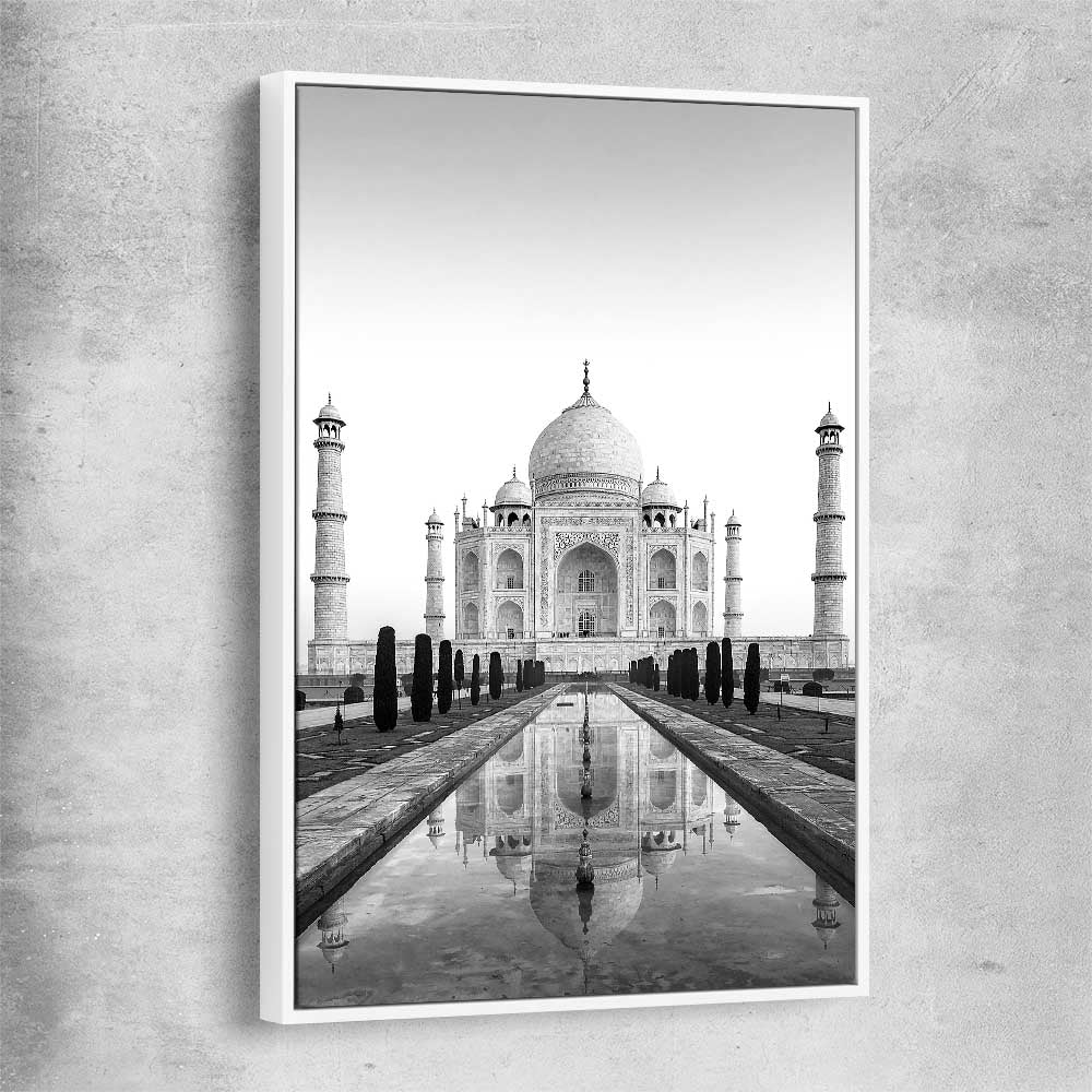 Taj Mahal white framed canvas is a high quality print in our city skyline, travel prints and maps collection