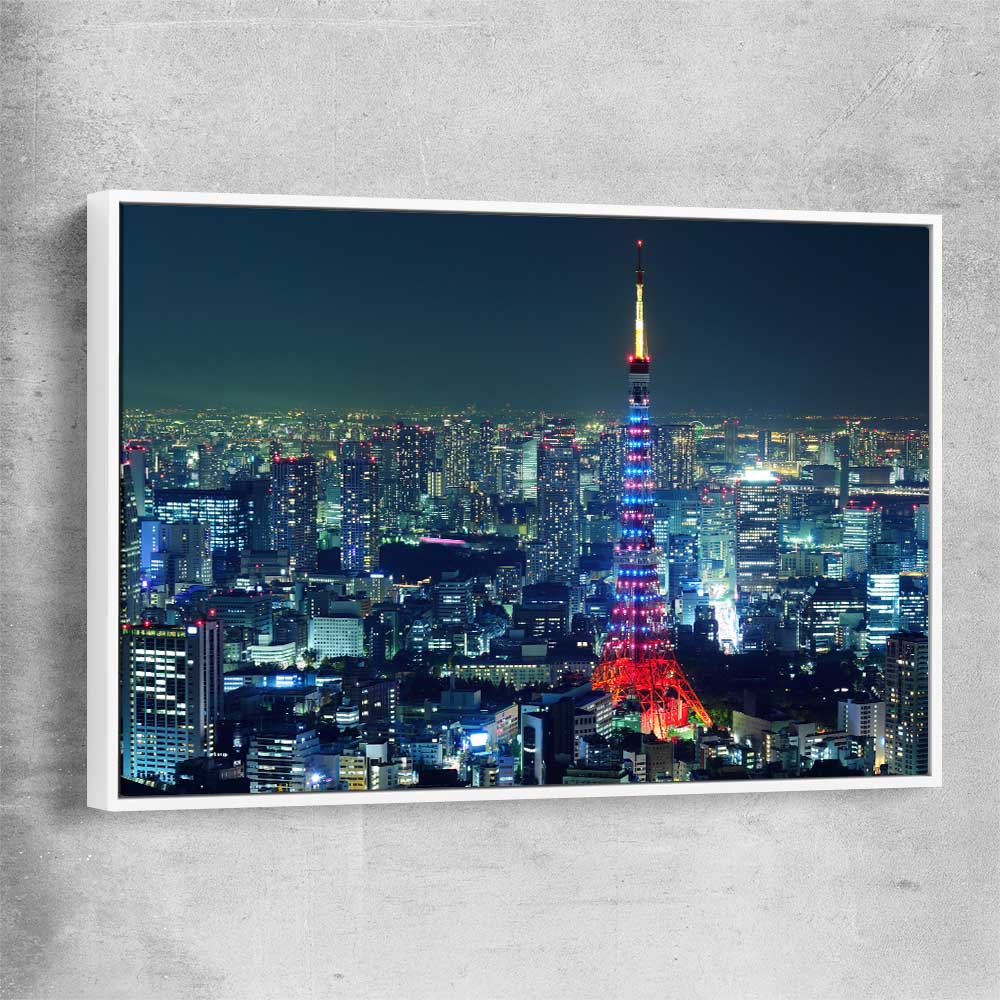Tokyo City white framed canvas is a high quality print in our city skyline, travel prints and maps collection