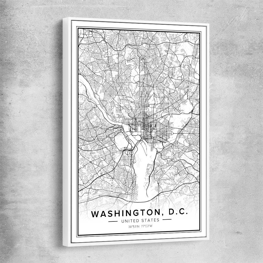 Washington City white framed canvas is a high quality print in our city skyline, travel prints and maps collection