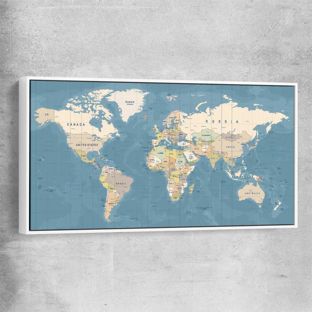 World Map white framed canvas is a high quality print in our city skyline, travel prints and maps collection