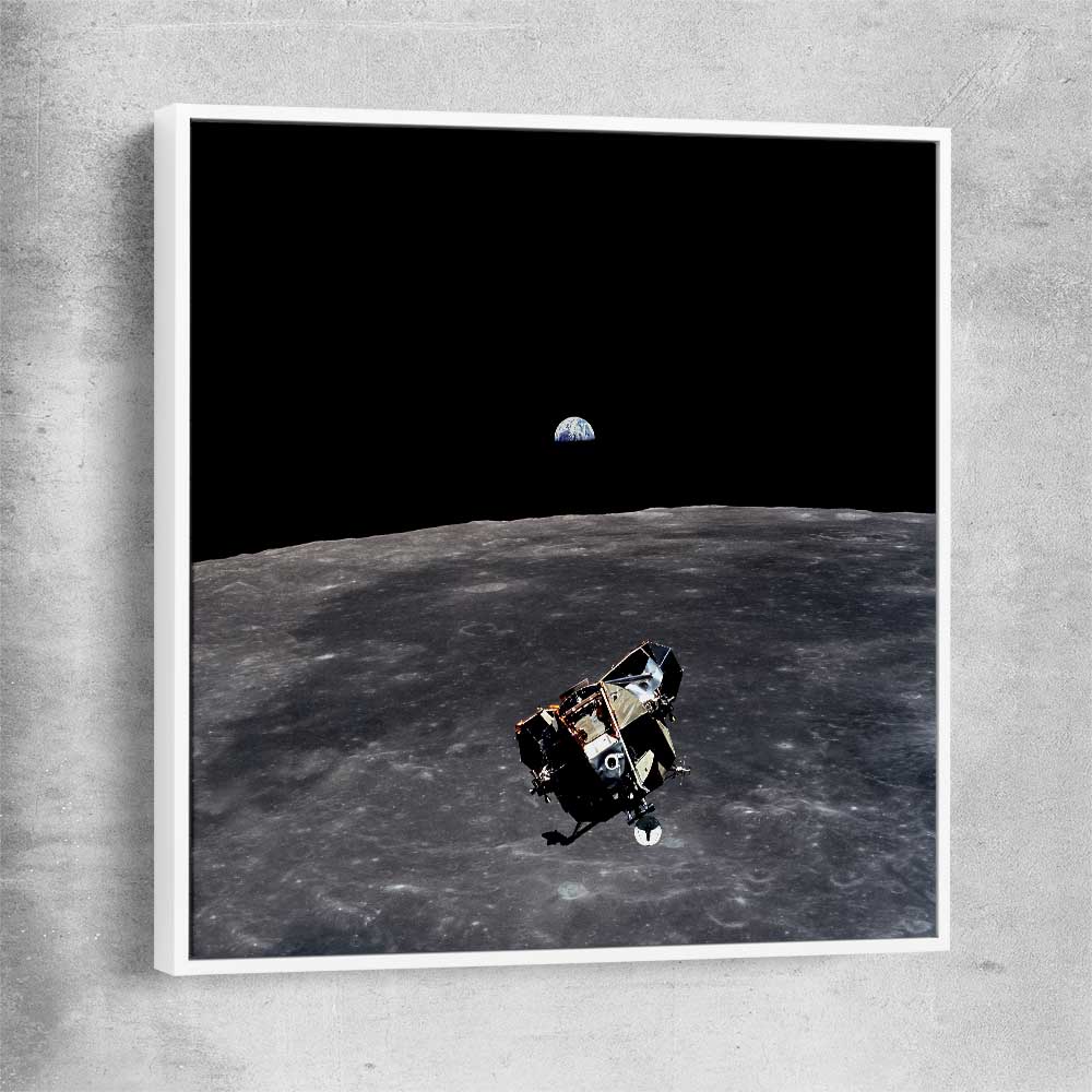 Space prints and wall art of Apollo 11 Earthrise with white framed canvas