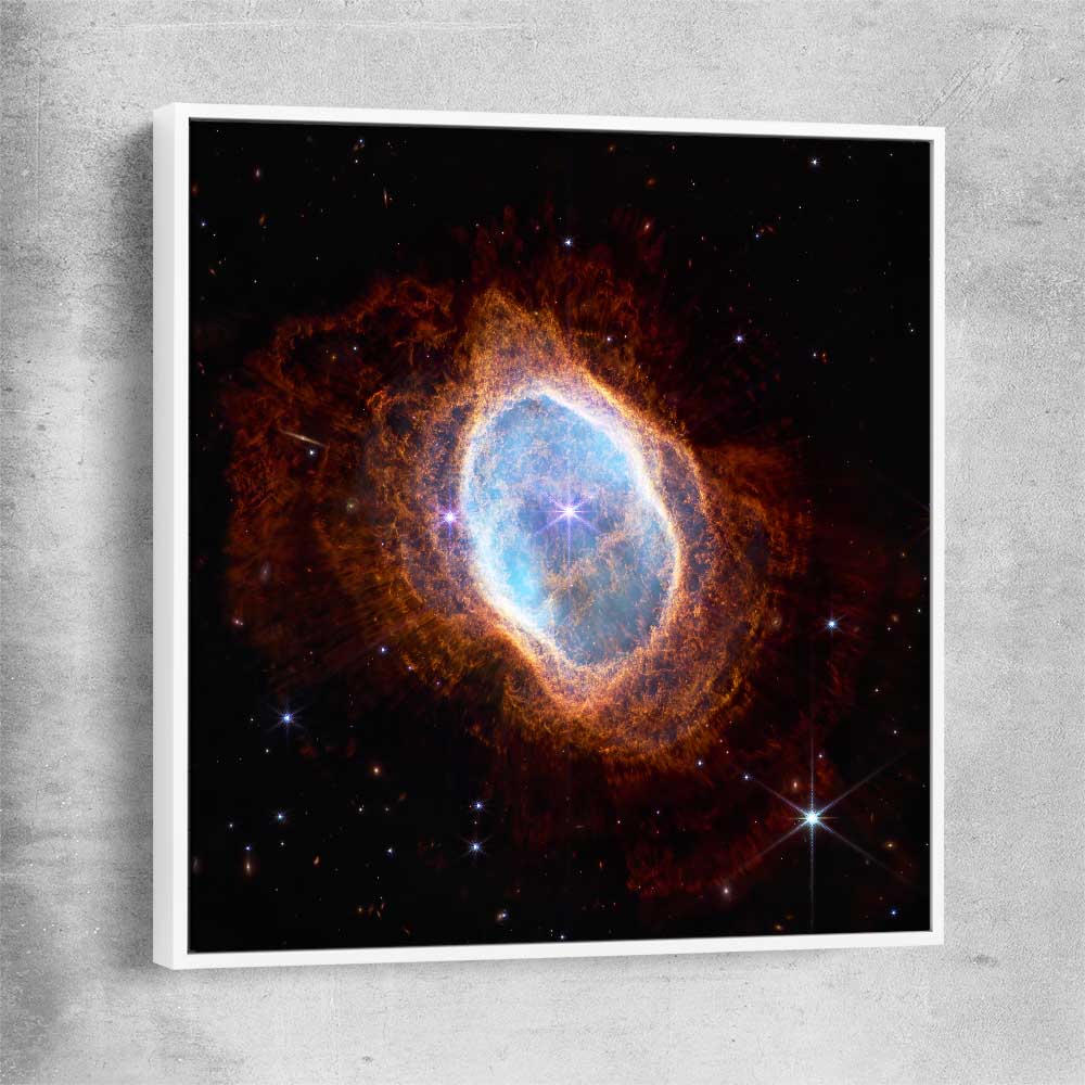 Space prints and wall art of Southern Ring Nebula with white framed canvas