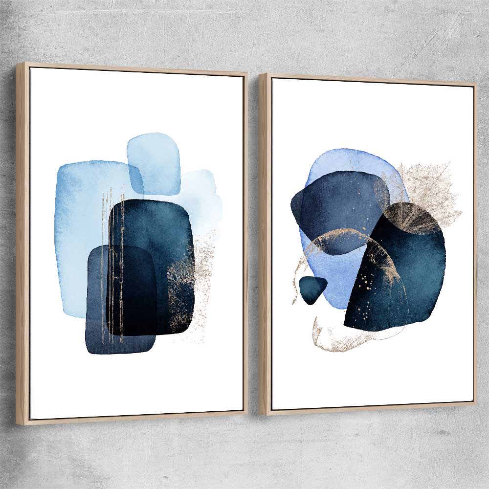 Blue Ivory Pair raw oak framed canvas - part of our high quality canvas abstract wall art collection