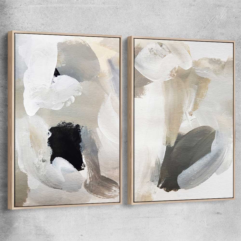 Cosy Neutral Pair raw oak framed canvas - part of our high quality canvas abstract wall art collection