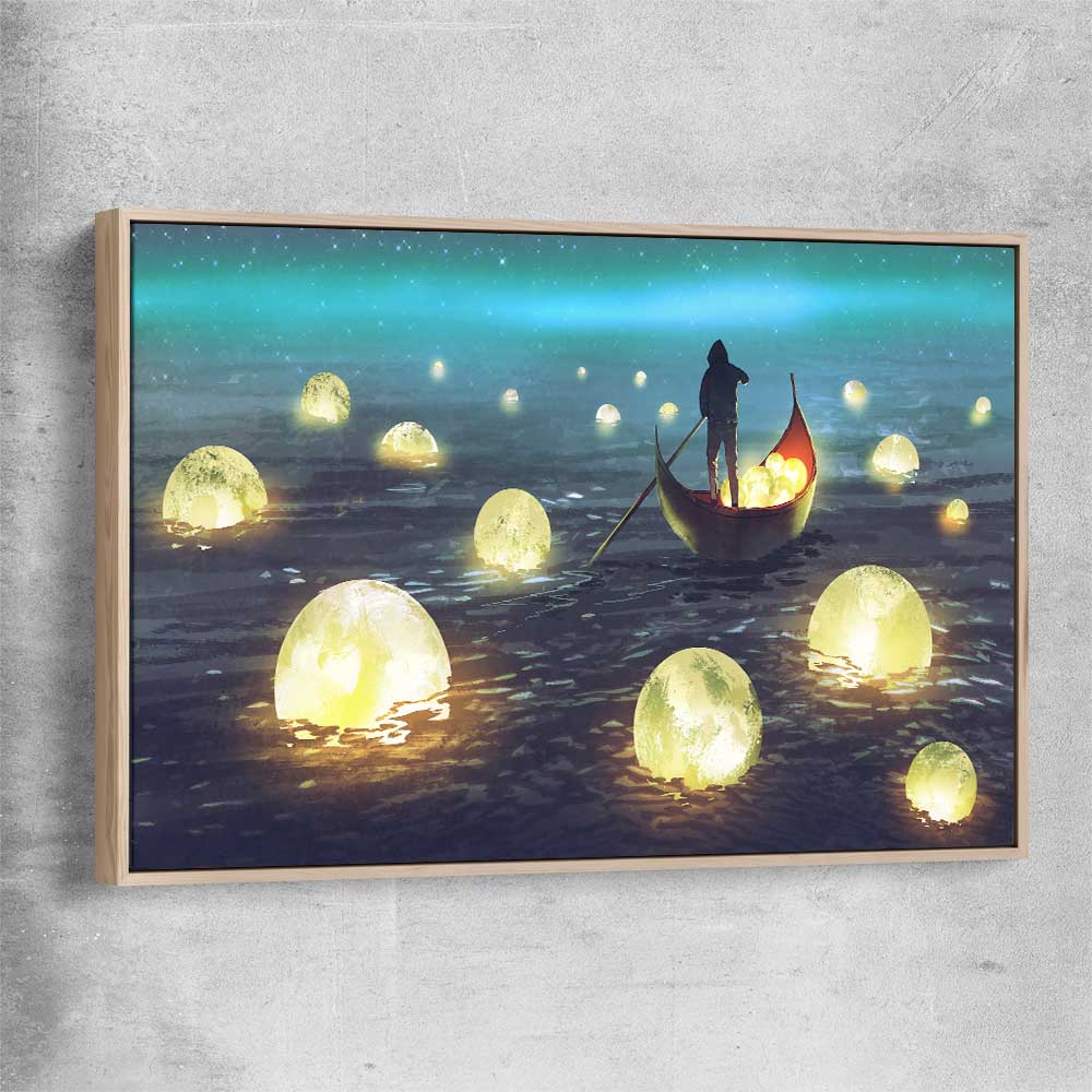 Glowing Moons raw oak framed canvas - part of our high quality canvas abstract wall art collection