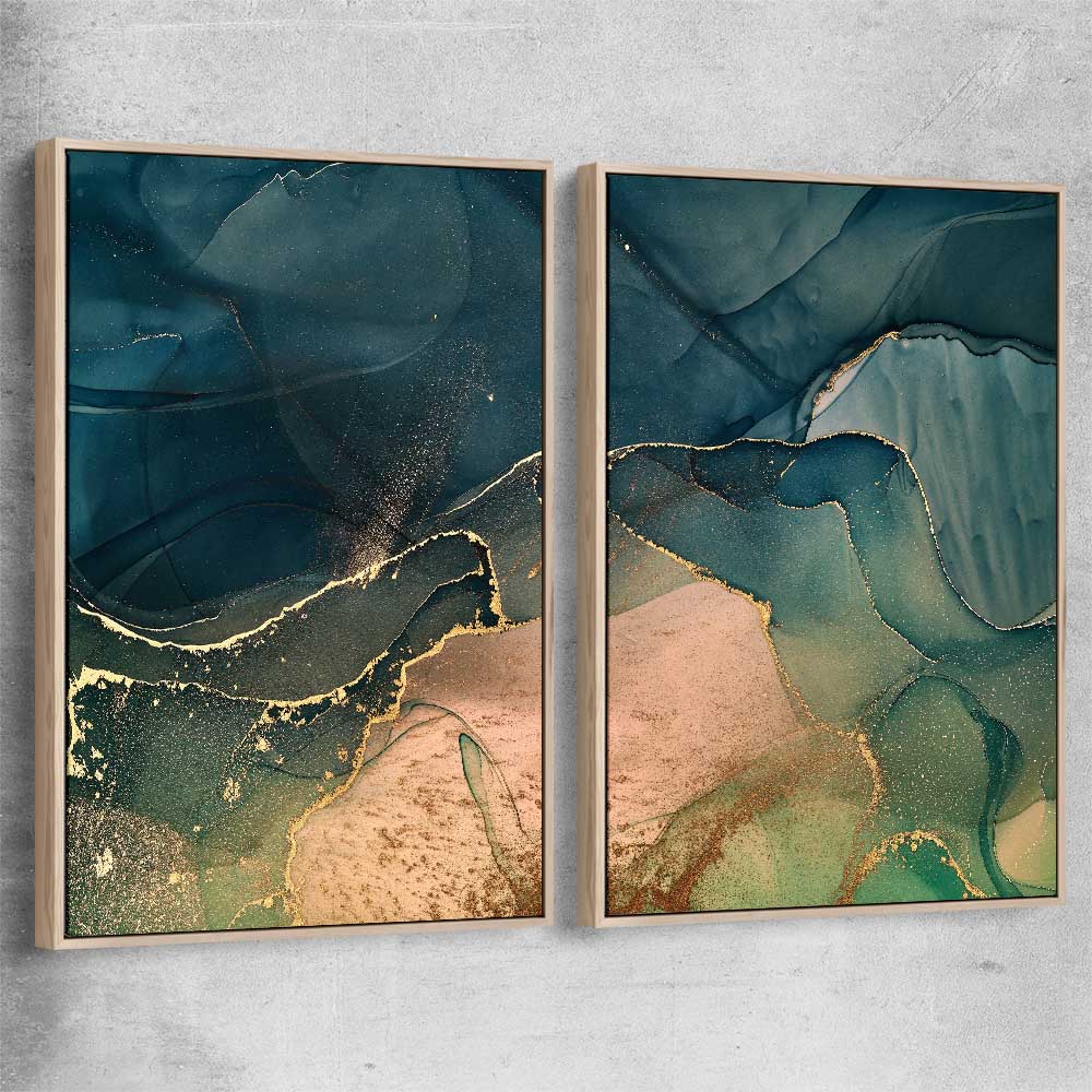 Golden Mist Pair raw oak framed canvas - part of our high quality canvas abstract wall art collection