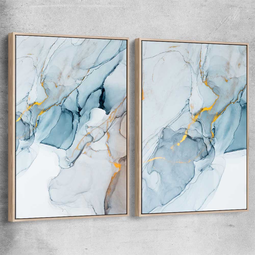Golden Veins Pair raw oak framed canvas - part of our high quality canvas abstract wall art collection