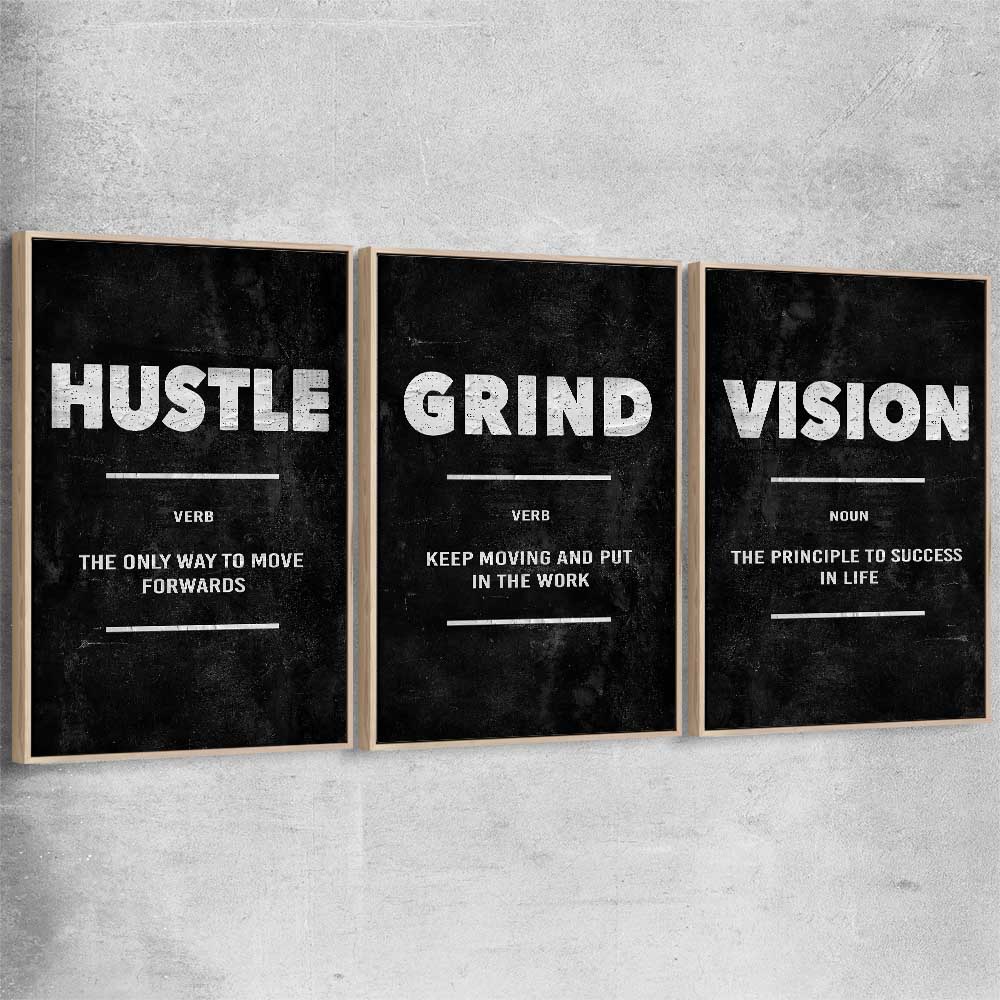Inspirational wall art print of Hustle Definition Set with raw oak framed canvas