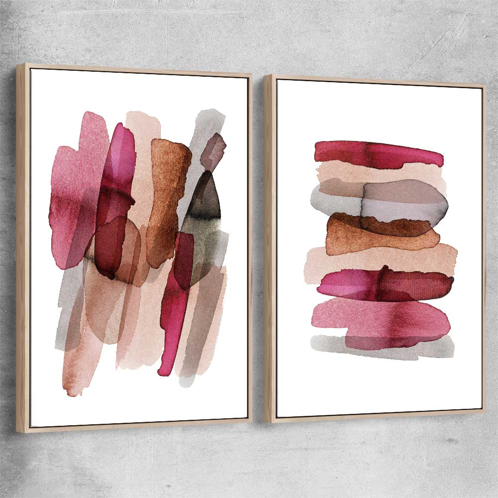 Maroon Tones Pair raw oak framed canvas - part of our high quality canvas abstract wall art collection