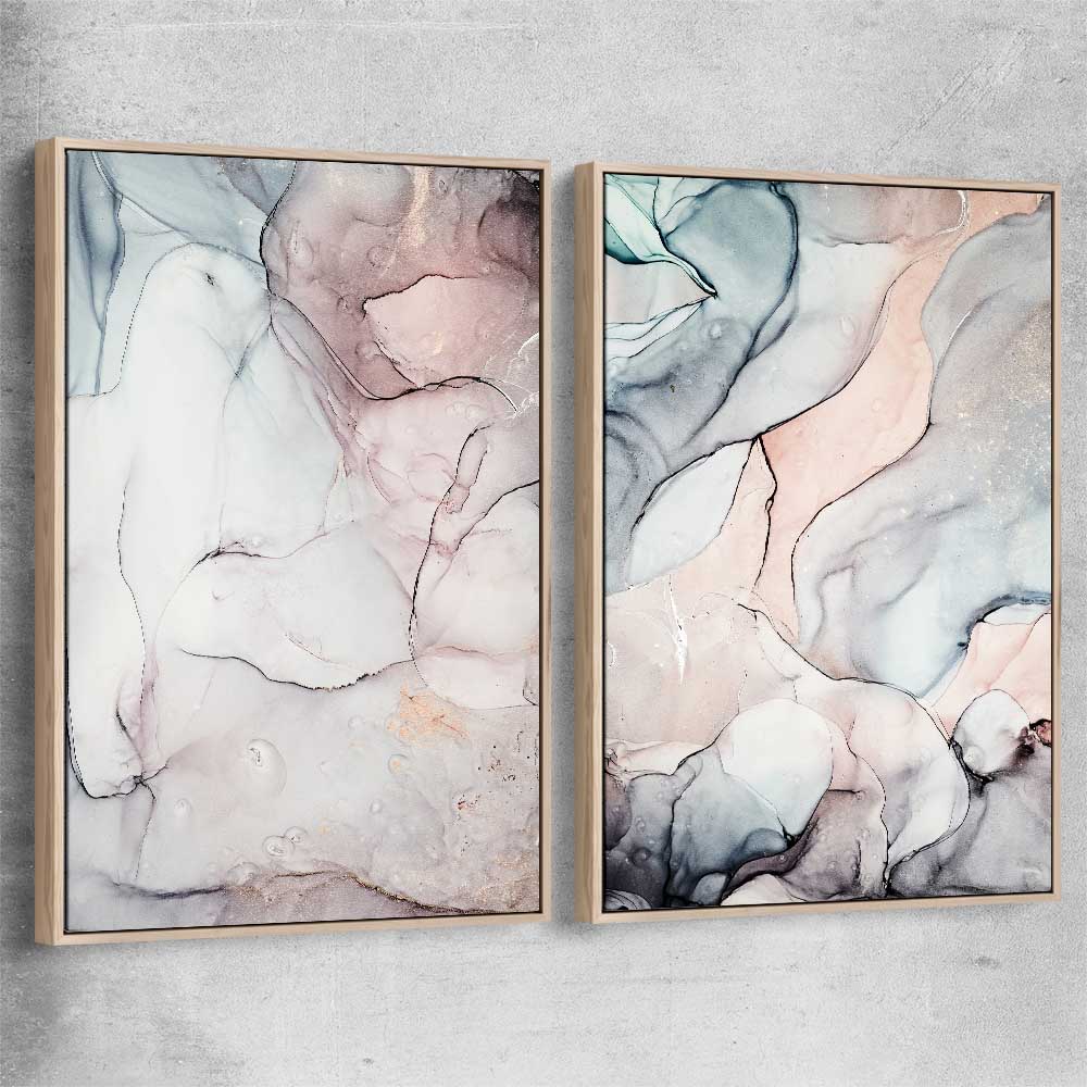 Subtle Pink Pair raw oak framed canvas - part of our high quality canvas abstract wall art collection