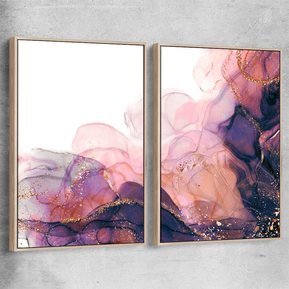 Violet Haze Pair raw oak framed canvas - part of our high quality canvas abstract wall art collection