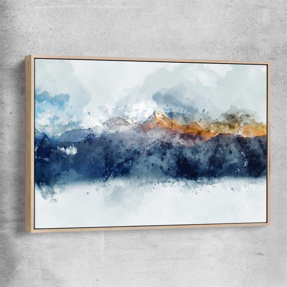 Watercolour Mountains raw oak framed canvas - part of our high quality canvas abstract wall art collection