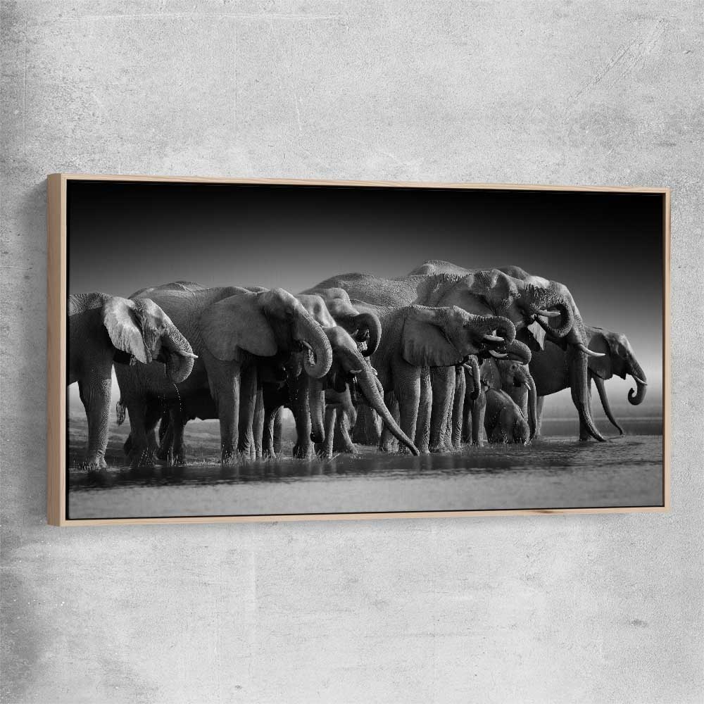 Animal wall art and canvas prints of Elephant Herd with raw oak framed canvas