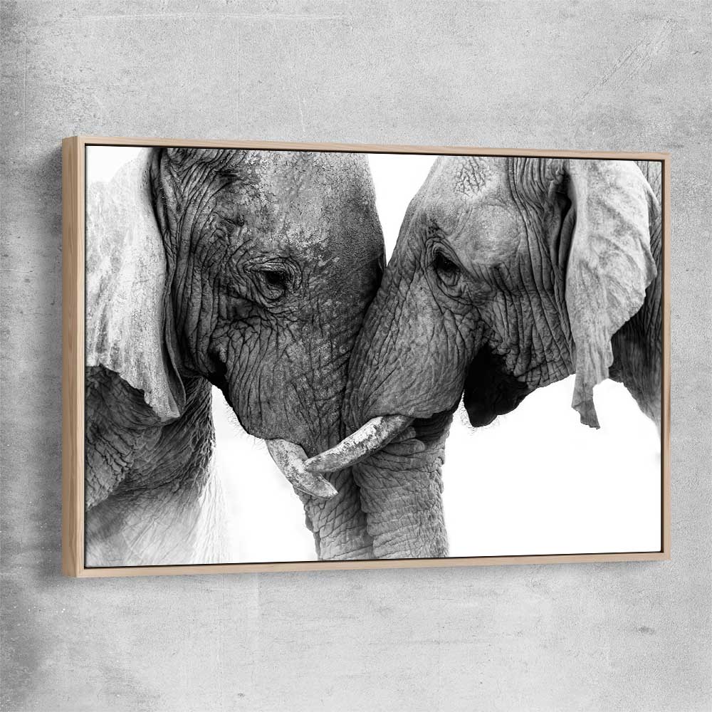 Animal wall art and canvas prints of Elephant Love with raw oak framed canvas