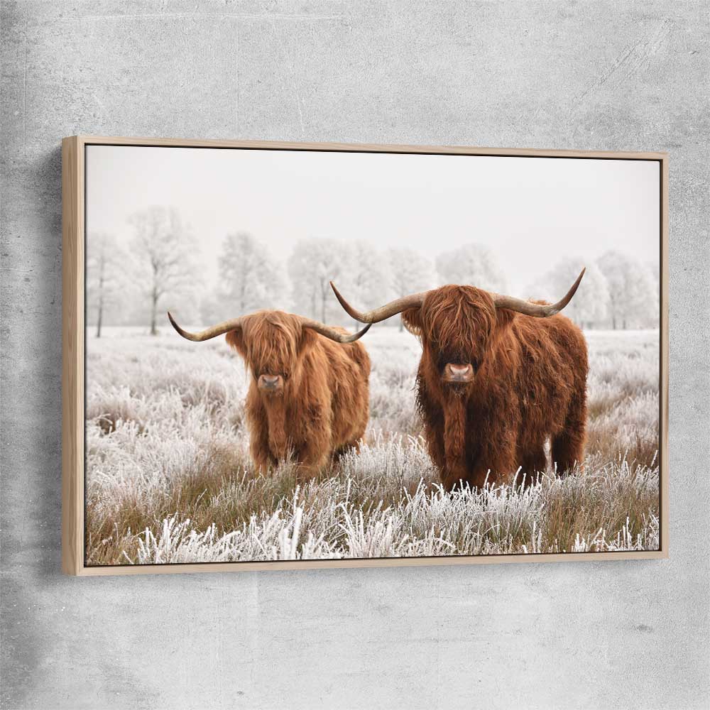 Animal wall art and canvas prints of Highland Pack with raw oak framed canvas